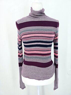 Prince & Fox Y2K 90s Burgundy Striped Ribbed Pullover Turtleneck Sweater Women L